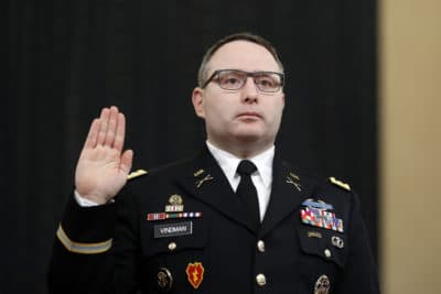 Lt. Col. Alexander Vindman is sworn in to testify before the House Intelligence Committee during a public impeachment hearing of President Donald Trump. (Andrew Harnik, File/AP Photo)