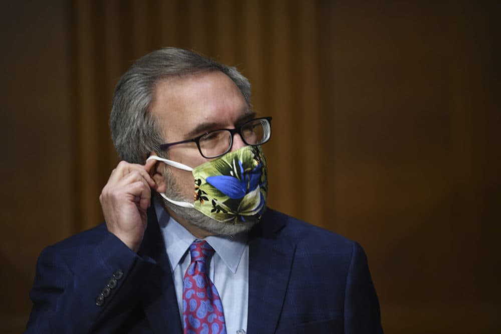 Andrew Wheeler, administrator of the Environmental Protection Agency, adjusts his mask at a hearing during a Senate Environment and Public Works Committee oversight hearing to examine the Environmental Protection Agency, Wednesday, May 20, 2020 on Capitol Hill in Washington. (Kevin Dietsch/AP)