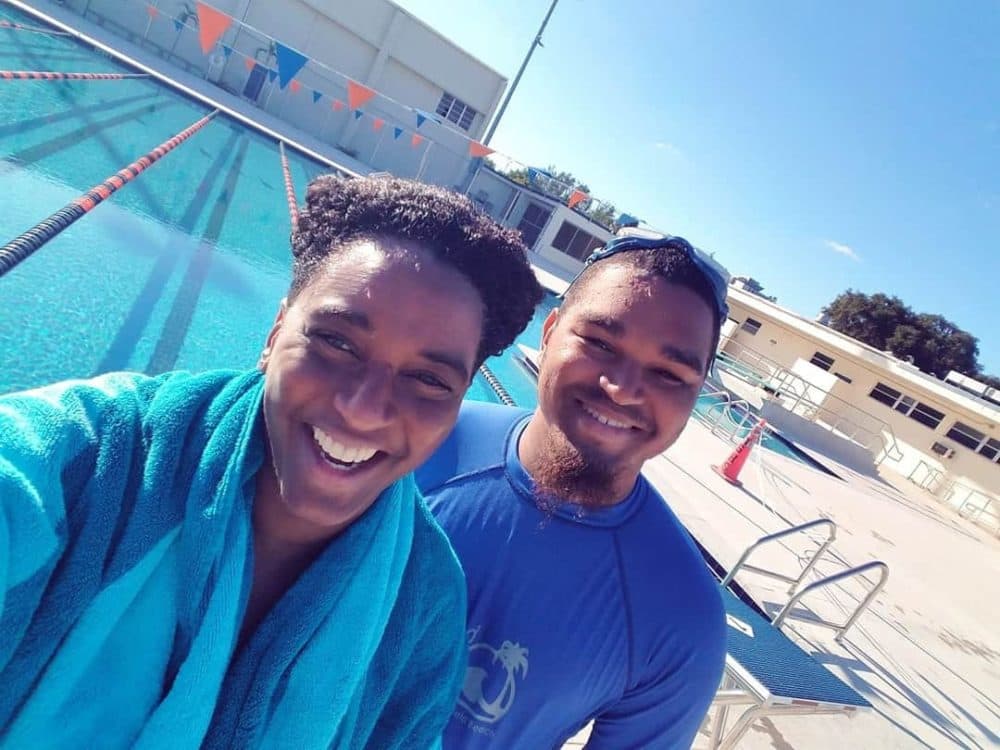 G and her son after swimming a mile in December 2019. (Courtesy G Wright Muir)
