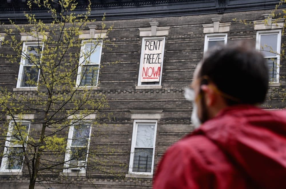 Crown Heights building tenants stage a rent strike on May 1, 2020 in New York City. (Angela Weiss/AFP/Getty Images)