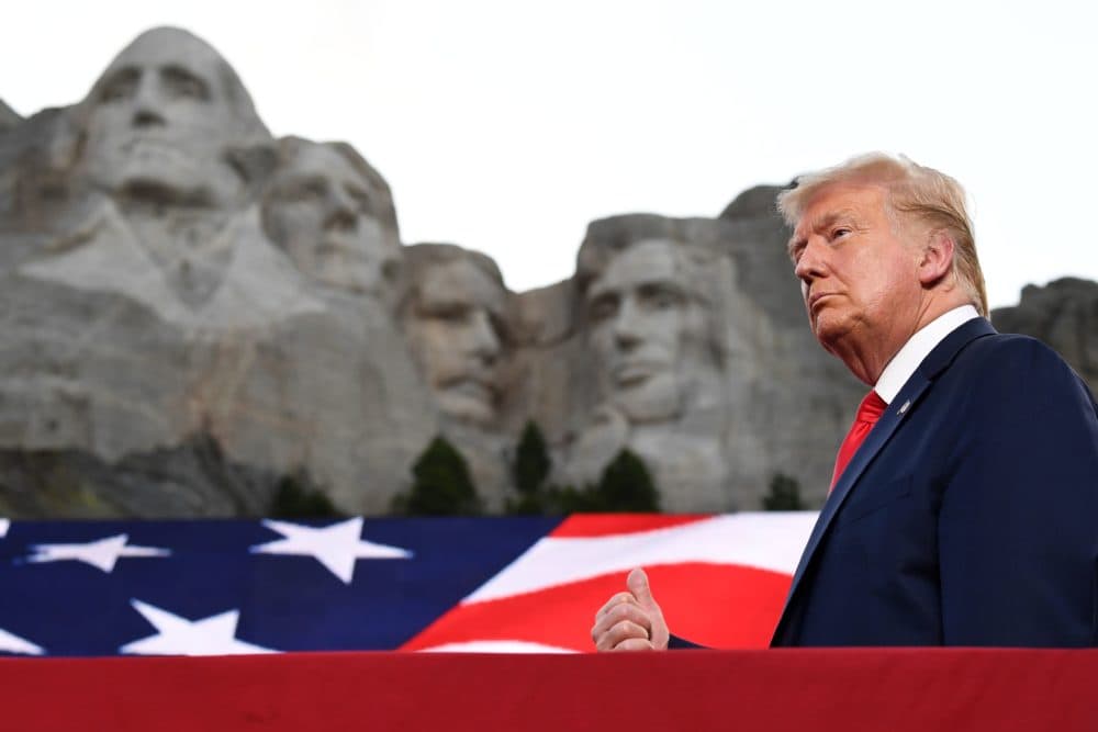 President Donald Trump gestures as he arrives for the Independence Day events at Mount Rushmore National Memorial in Keystone, South Dakota, July 3, 2020. (SAUL LOEB/AFP via Getty Images)