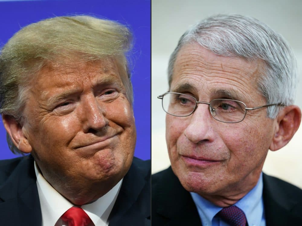 This combination of pictures created on July 13, 2020 shows President Donald Trump in Phoenix, Arizona, and Anthony Fauci, director of the National Institute of Allergy and Infectious Diseases, in Washington, DC. (Photo by SAUL LOEB,MANDEL NGAN/AFP via Getty Images)