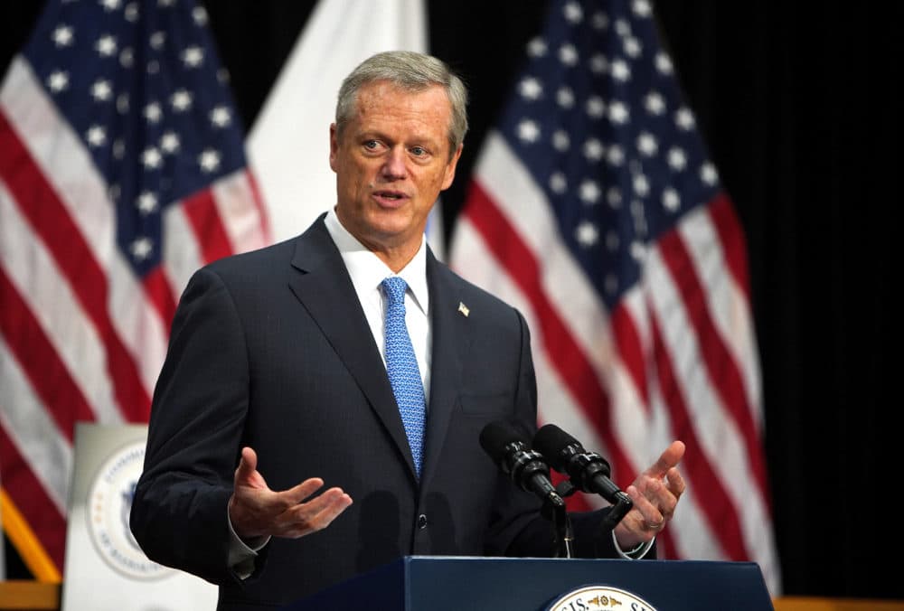 Gov. Charlie Baker speaks at one of his daily press briefings at Gardner Auditorium at the State House on June 30. (Barry Chin/Globe Staff via pool)