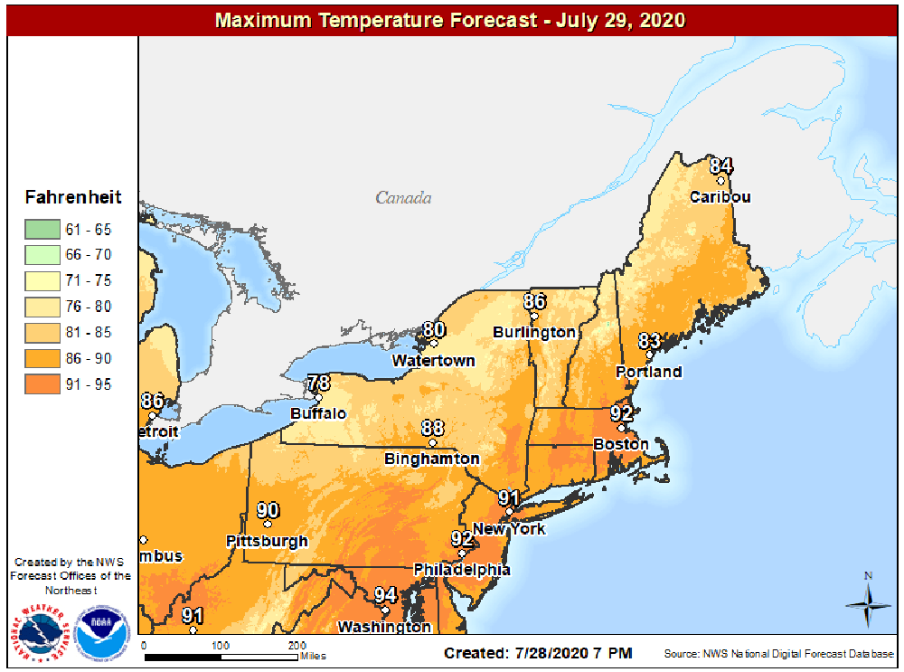 Hot weather again today means high temperatures in the lower 90s for many areas. (Courtesy NOAA)