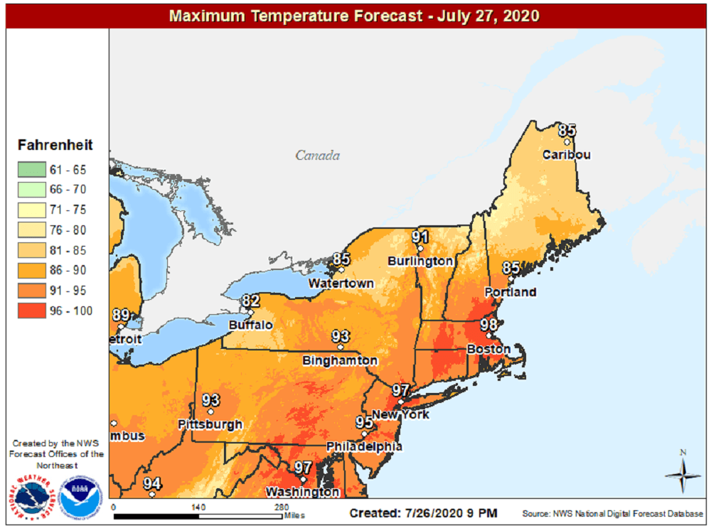 It will be very hot the next few days with readings well over 90 degrees. (Courtesy NOAA)