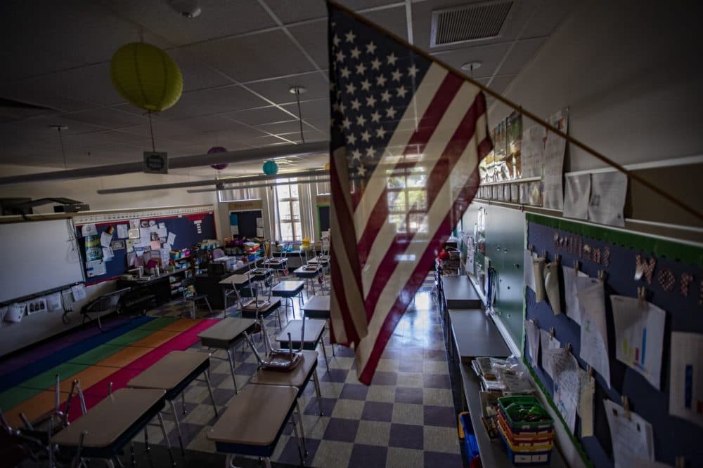 A Boston-area school classroom that has been empty since March 2020 when schools began to close due to the coronavirus pandemic. (Jesse Costa/WBUR)