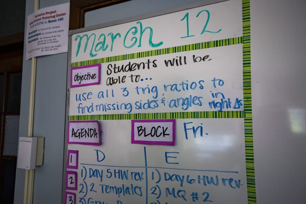 A whiteboard in a classroom at Old Lincoln School in Brookline with the day’s assignments, dated for March 12, the last of school in Brookline before classes were suspended due to the pandemic. (Jesse Costa/WBUR)
