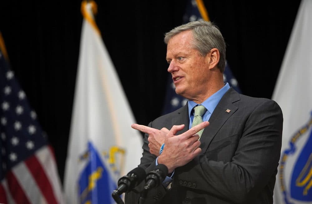 Gov. Charlie Baker discusses school reopenings on Aug. 20, 2020. (Barry Chin/The Boston Globe via Pool)