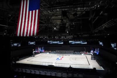 The court sits empty after the Milwaukee Bucks didn't take the floor in protest against racial injustice and the shooting of Jacob Blake, a Black man, by police in Kenosha, Wisconsin. (Ashley Landis/AP)