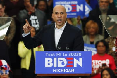 Sen. Cory Booker speaks at a campaign rally for Democratic presidential candidate former Vice President Joe Biden at Renaissance High School in Detroit, Monday, March 9, 2020. (Paul Sancya/AP)