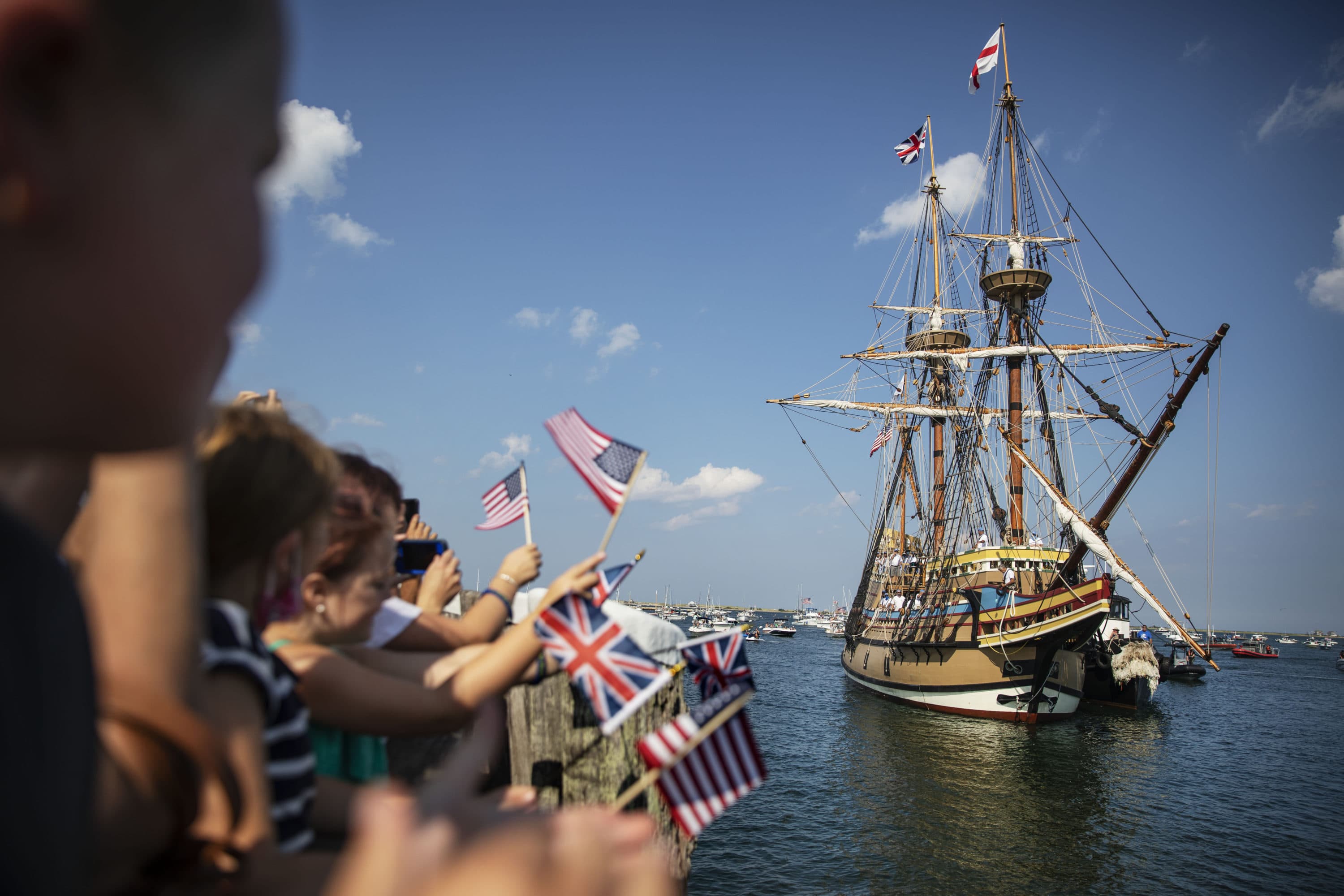 The Mayflower II, a replica of the original Mayflower ship that brought the Pilgrims to America 400 year ago, sails into Plymouth on Monday, Aug. 10, as it returns home following extensive renovations. (David Goldman/AP)