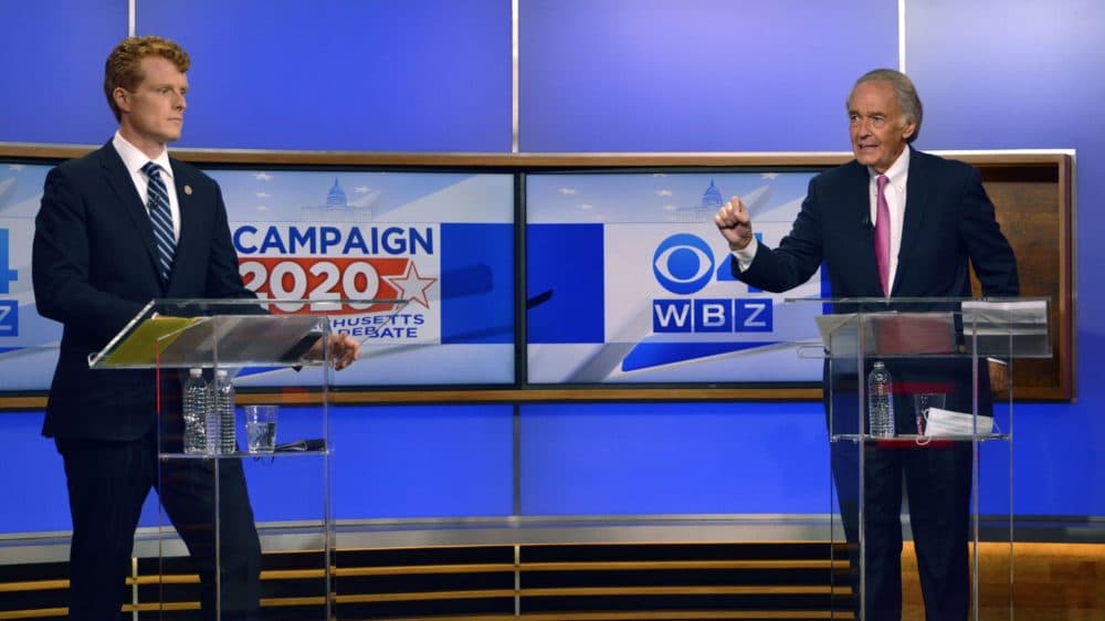 Rep. Joseph Kennedy III and Sen. Ed Markey debate Tuesday, Aug. 11, 2020, in Boston. (WBZ-TV via AP, Pool)