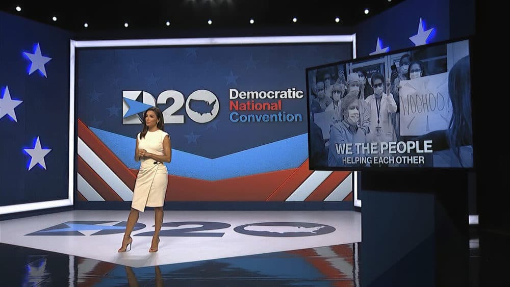 In this image from video, Eva Longoria, serving as moderator, speaks during the first night of the Democratic National Convention on Monday, Aug. 17, 2020. (Democratic National Convention via AP)