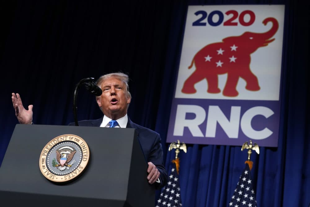President Donald Trump speaks on stage during the first day of the Republican National Committee convention, Monday, Aug. 24, 2020, in Charlotte. (AP Photo/Evan Vucci)
