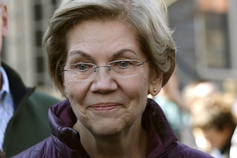 Sen. Elizabeth Warren outside her home in Cambridge, March 2020. (AP Photo/Steven Senne)