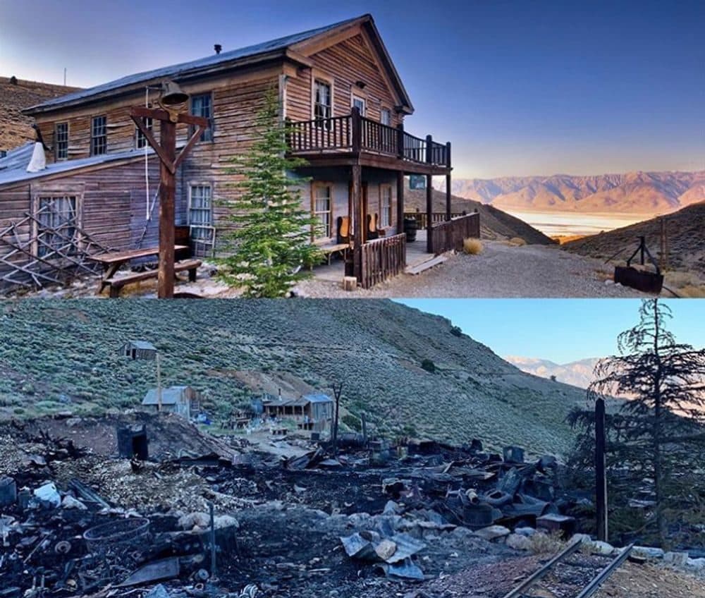 The American Hotel at Cerro Gordo, before and after the fire that burned it down in June of 2020. (Courtesy Brent Underwood)