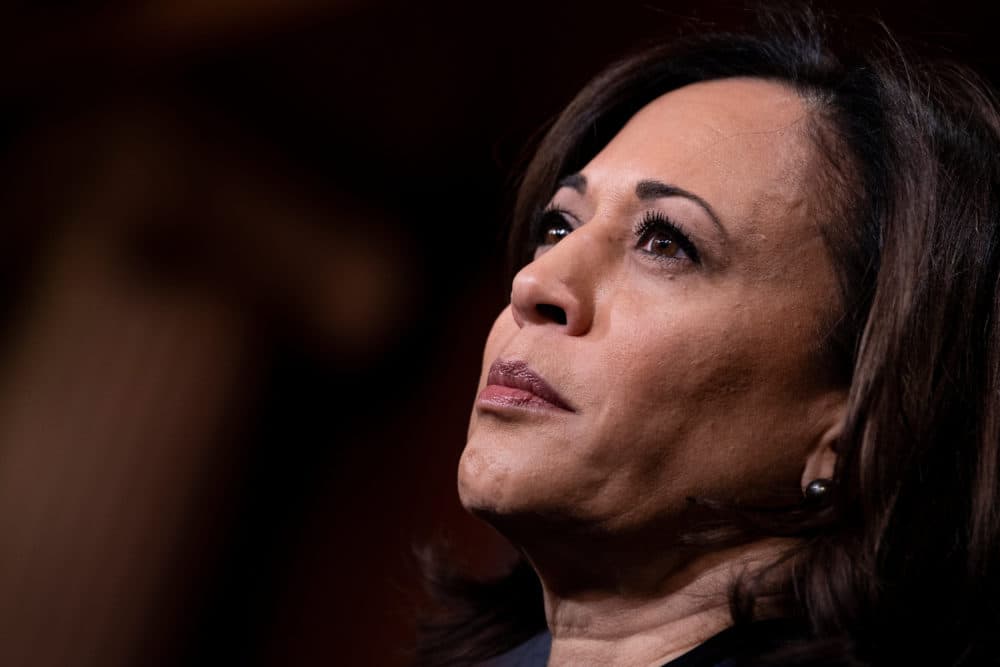 Senator Kamala Harris (D-CA) listens during a press conference during the impeachment trial of President Donald Trump on Capitol Hill January 31, 2020, in Washington, DC. (Brendan Smialowski/AFP via Getty Images)