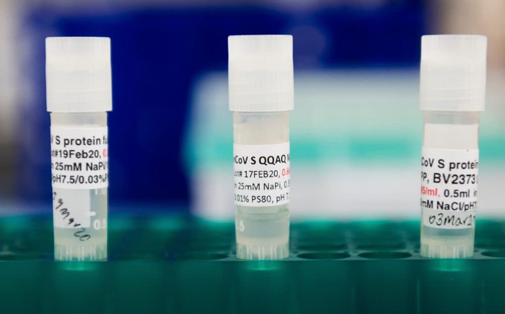 Three potential coronavirus, COVID-19, vaccines are kept in a tray at Novavax labs in Gaithersburg, Maryland. (Andrew Caballero-Reynolds/AFP via Getty Images)