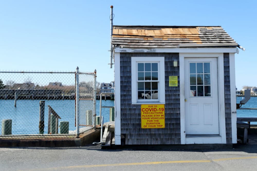 A COVID-19 warning on display at the Nantucket Steamship Authority terminal on April 25, 2020 in Nantucket, Massachusetts. (Maddie Meyer/Getty Images)