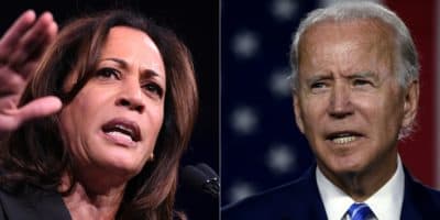 This combination photo shows (L-R) Kamala Harris in San Francisco, California on August 23, 2019; and Joe Biden on July 14, 2020 at the Chase Center in Wilmington, Delaware. (JOSH EDELSON,OLIVIER DOULIERY/AFP via Getty Images)