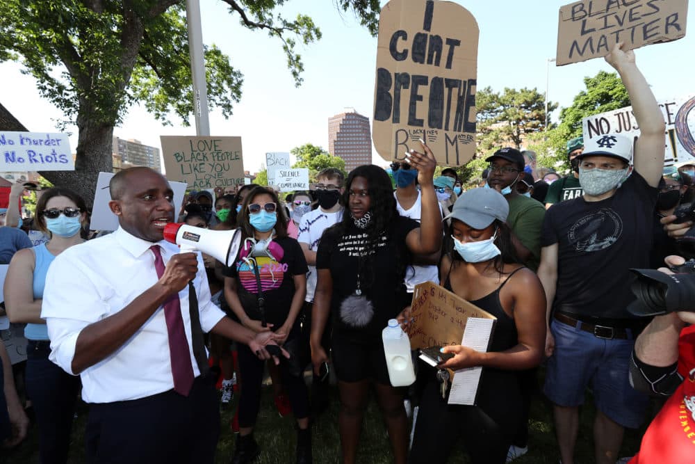 Kansas City Mayor Quinton Lucas addresses demonstrators with a bullhorn during a protest at the Country Club Plaza on May 31, 2020 in Kansas City, Missouri. (Jamie Squire/Getty Images)