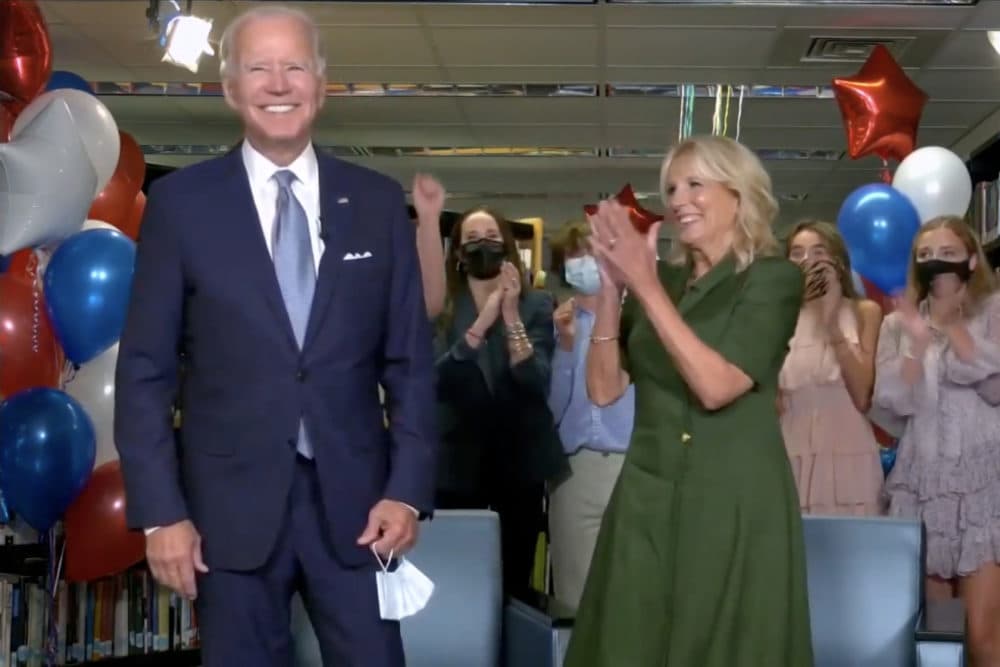 In this screenshot from the DNCC’s livestream of the 2020 Democratic National Convention, Presumptive Democratic presidential nominee former Vice President Joe Biden and Former U.S. Second Lady Dr. Jill Biden together give a thank you speech with supporters during the virtual convention on August 18, 2020. (Handout/DNCC via Getty Images)