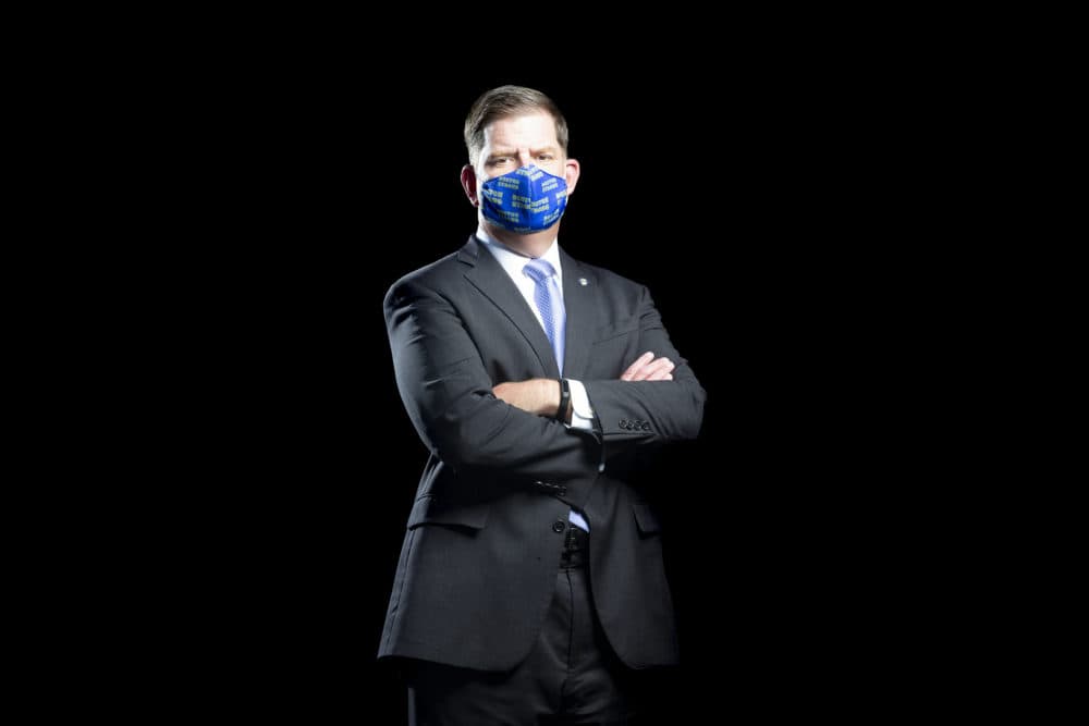Artist Katherine Taylor photographed Mayor Walsh for her &quot;Masks of Boston&quot; series. She says similar portraits posted on social media by Walsh's office copy her work. (Courtesy Katherine Taylor)