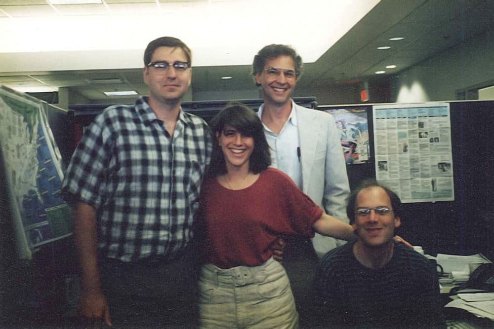 Only A Game's original staff (from left to right): Producer Gary Waleik, Technical Director Jenn Loeb, Host Bill Littlefield, Senior Producer David Greene. (Courtesy WBUR)