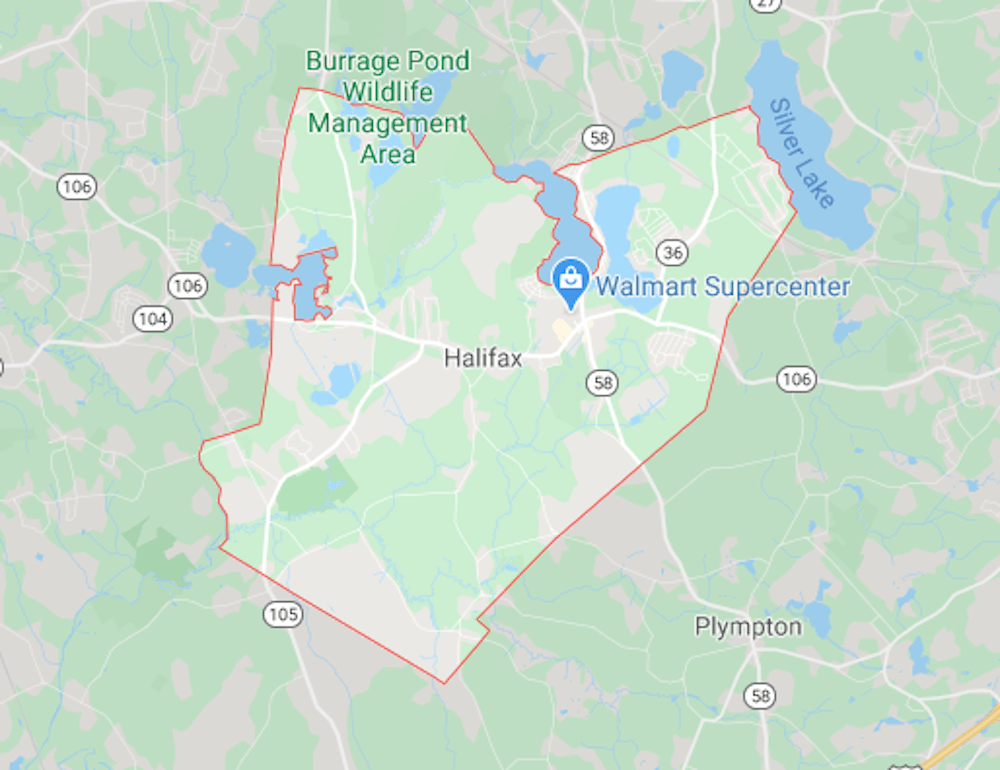 Halifax, MA, where a third person in the state was diagnosed with EEE. (Screenshot via Google Maps)