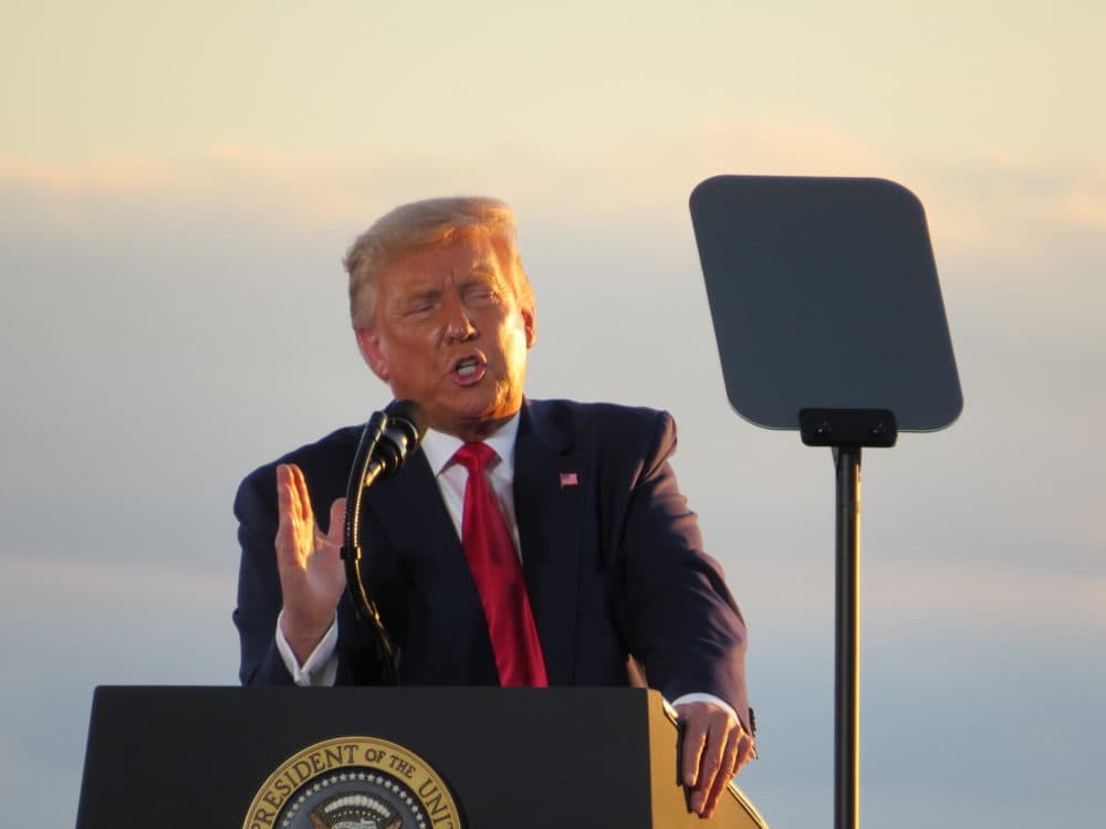President Donald Trump speaks to a crowd of supporters at Manchester-Boston Regional Airport, Friday, Aug. 28, 2020.