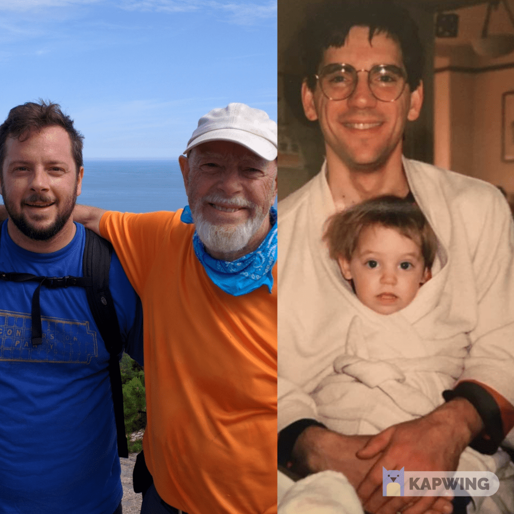 Left: Ben Johnson and his dad, Kit Johnson, half way through a joke marathon in Maine. Right: Amory Sivertson and her dad, Tam, circa 1991.