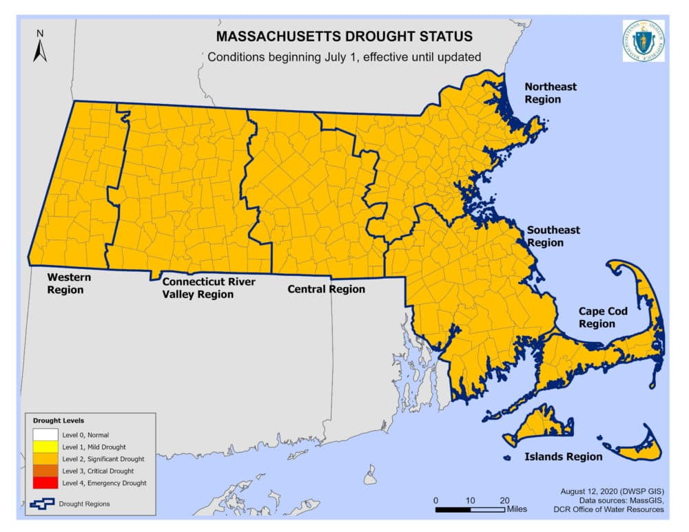 A map of Massachusetts shows that as of Thursday, Aug. 13, most of the state is experiencing significant drought conditions. (Courtesy Massachusetts Executive Office of Energy and Environmental Affairs)