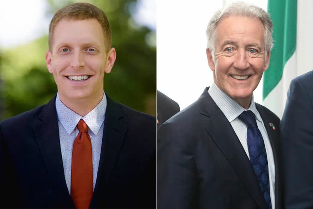 Holyoke Mayor Alex Morse, left, and Rep. Richard Neal. (Courtesy Alex Morse for Congress; Niall Carson/PA via AP)