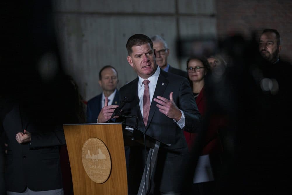 Mayor Marty Walsh announces the postponement of the Boston Marathon until September due to concerns about the Coronavirus outbreak at City Hall. (Jesse Costa/WBUR)