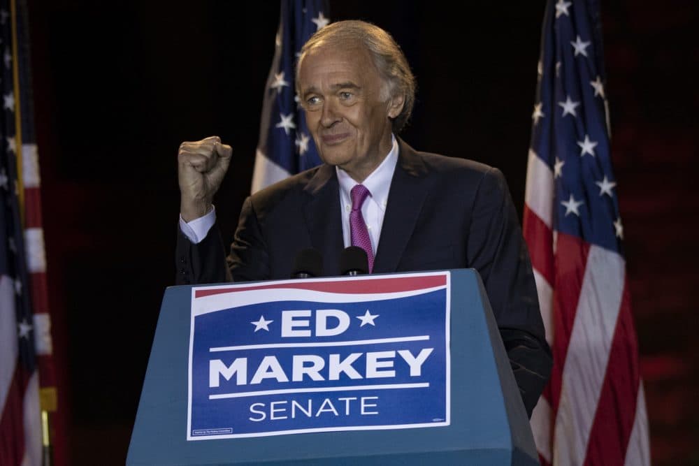 Sen. Ed Markey raises a fist in celebration after turning aside a strong primary challenge from U.S. Rep. Joseph Kennedy III. (Jesse Costa/WBUR)
