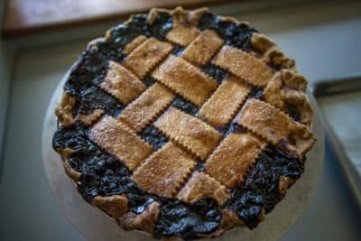 A blueberry pie with a lattice top from Petsi Pies in Somerville. (Jesse Costa/WBUR)