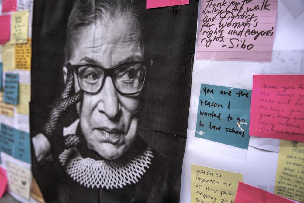 An impromptu memorial for Justice Ruth Bader Ginsburg at Harvard Law School Library. (Robin Lubbock/WBUR)