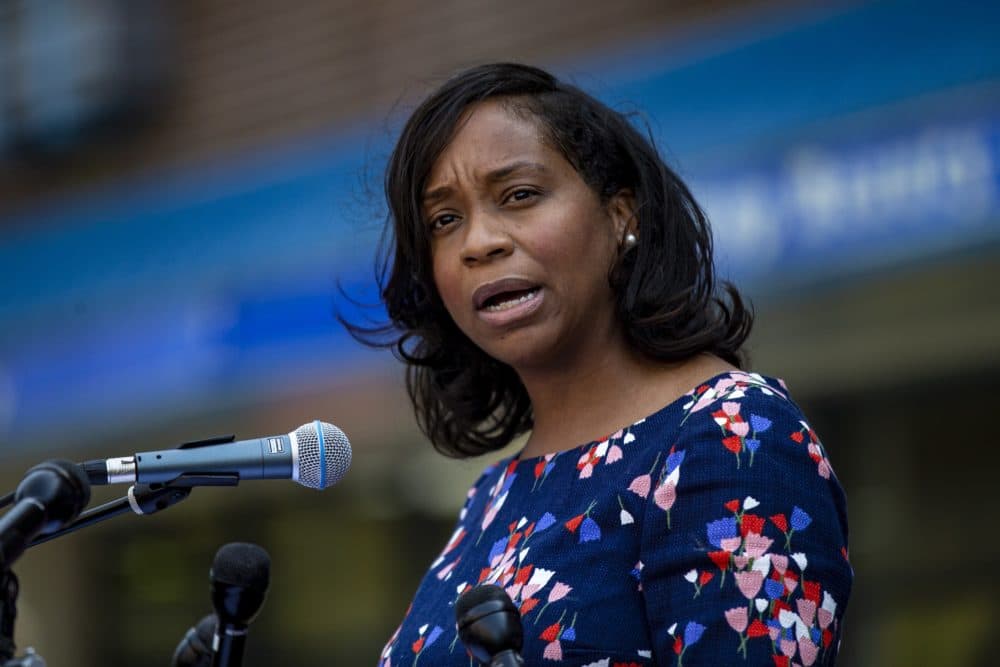 City Councillor Andrea Campbell announces her candidacy for mayor of Boston at the Grant Manor Apartments in Roxbury. (Jesse Costa/WBUR)