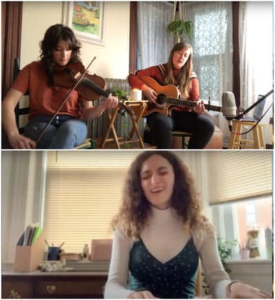 Kaiti Jones (top right) performing &quot;Daydreaming&quot; with fiddle player Emily Baker and Katie Lynne (bottom) singing &quot;Amelia.&quot; (Screenshot/YouTube)