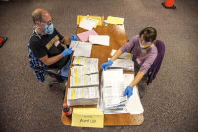 In this photo provided by Wisconsin Watch, election workers Jeff and Lori Lutzka, right, process absentee ballots at Milwaukee's central count facility on Aug. 11, 2020. (Will Cioci/Wisconsin Watch via AP)
