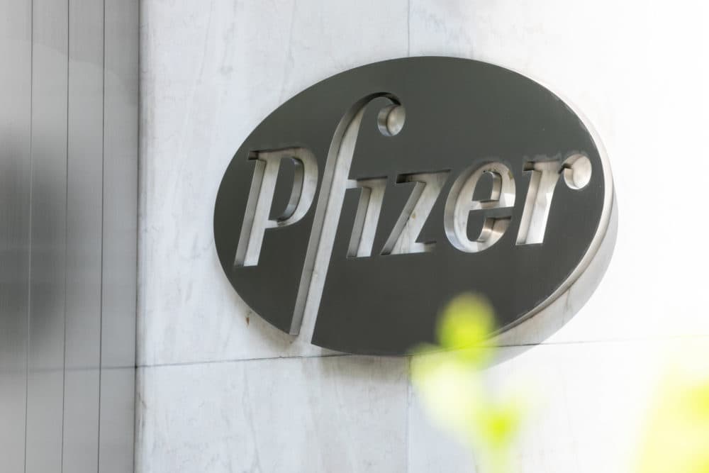 Pfizer Inc. signage is seen on July 22, 2020 in New York City. (Jeenah Moon/Getty Images)