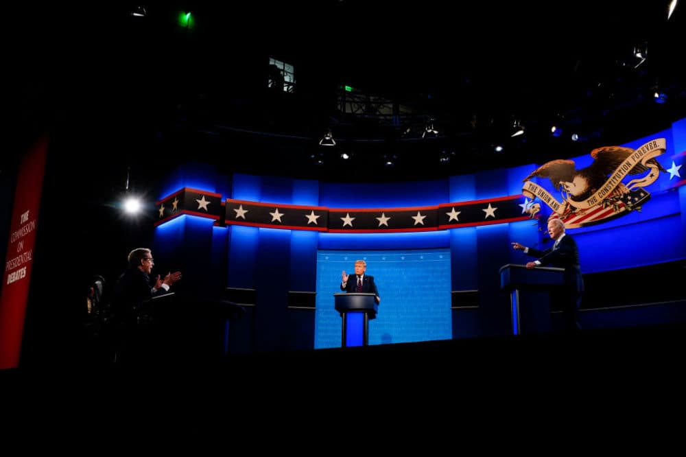 Moderator Chris Wallace speaks to President Donald Trump and Former Vice President Joe Biden during the first presidential debate at Case Western Reserve University in Cleveland, Ohio on Tuesday, Sept. 29, 2020. (Melina Mara/The Washington Post via Getty Images)