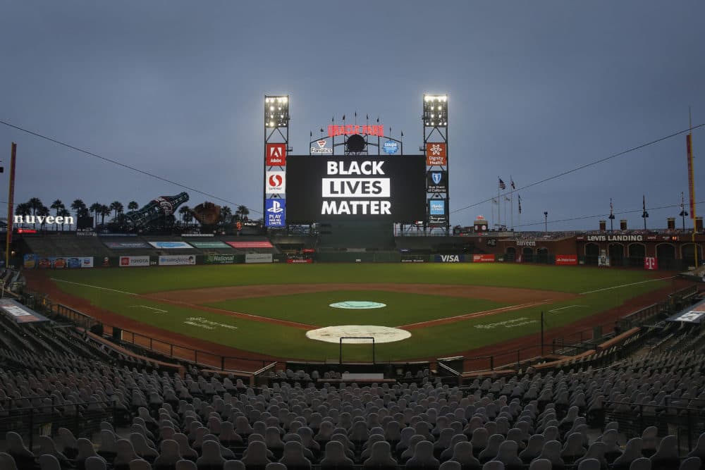 The words 'Black Lives Matter' are displayed on the digital screen after the postponement of the game between the San Francisco Giants and the Los Angeles Dodgers at Oracle Park on August 26, 2020 in San Francisco, California. (Lachlan Cunningham/Getty Images)