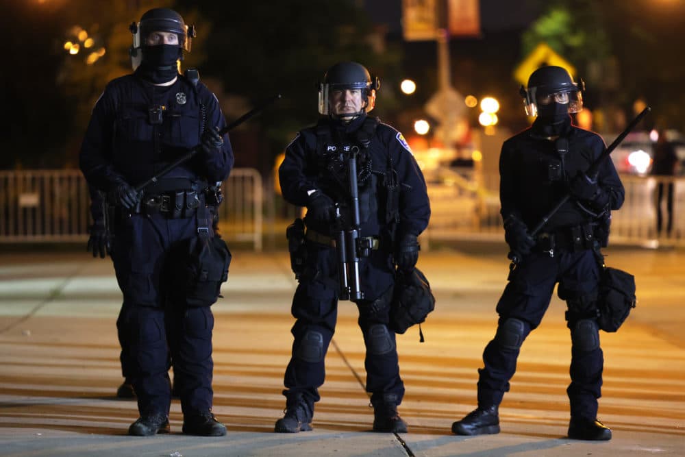 Police officers stand in formation during a standoff with demonstrators in front of the Public Safety Building on Sept. 07, 2020 in Rochester, New York (Michael M. Santiago/Getty Images)