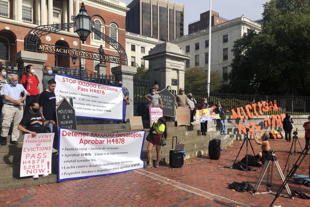 Tenants and community groups focused on preventing evictions during the COVID-19 pandemic rallied outside the State House Wednesday for a bill that would halt evictions and rent increases for a year after the end of the public health emergency. (Matt Murphy/SHNS)