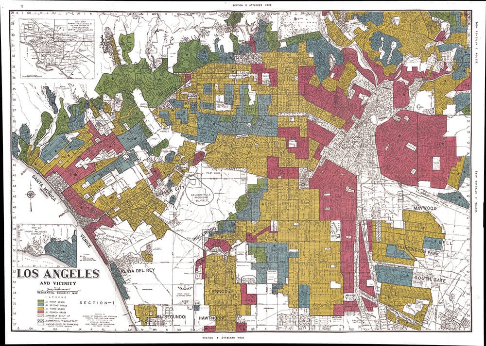 A digital image of a map used for redlining in Los Angeles, California. The faded red sections were labeled as &quot;hazardous.&quot; (Courtesy of the University Of Richmond's Mapping Inequality project)