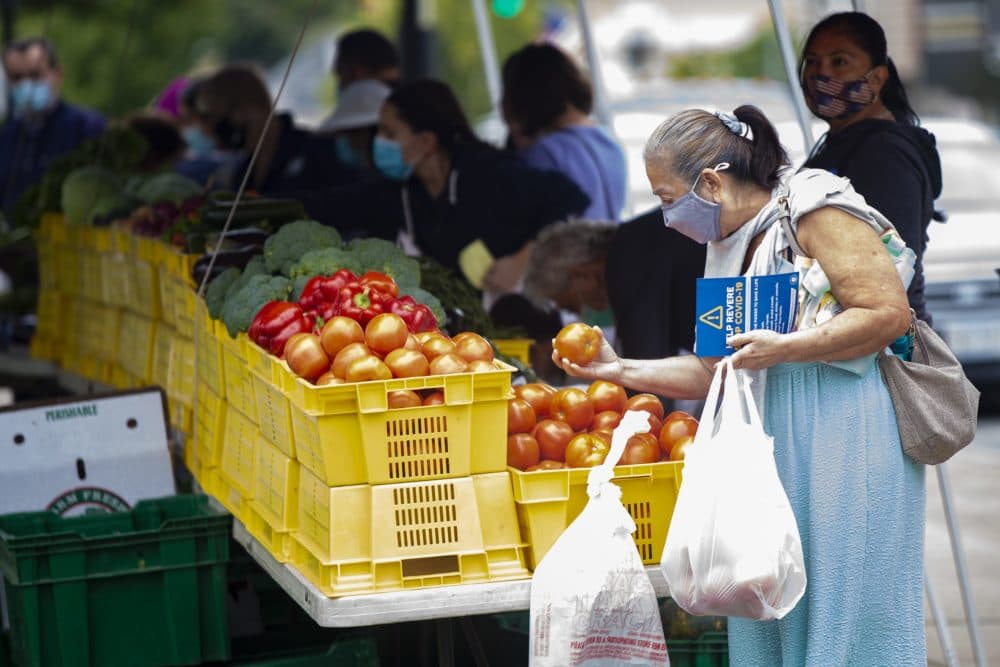 A woman browses through tomatoes at Revere's weekly farmers market. (Jesse Costa/WBUR)