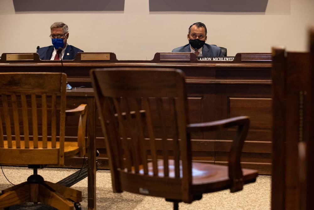 Sen. Michael Rodrigues and Rep. Aaron Michlewitz on Oct. 7, 2020. (State House News Service)