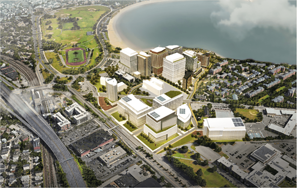 A rendering shows the Dorchester Bay City development in a view looking north. (Courtesy Epsilon Associates, Inc. via Dorchester Reporter)