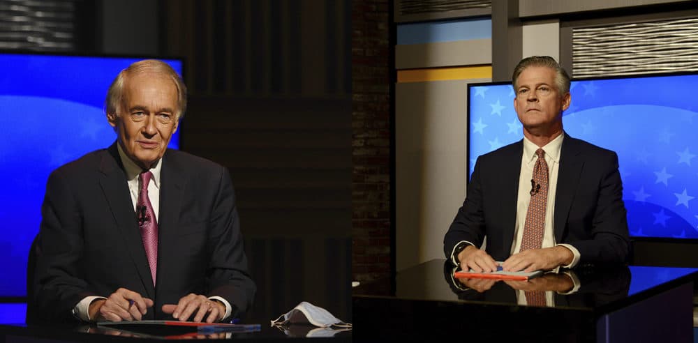 Republican challenger Kevin O'Connor appears in a debate against Democratic incumbent U.S. Sen. Edward Markey, Monday, Oct. 5, 2020, at the GBH Studios in Boston. (Composite of Meredith Nierman/Pool Photos via AP)